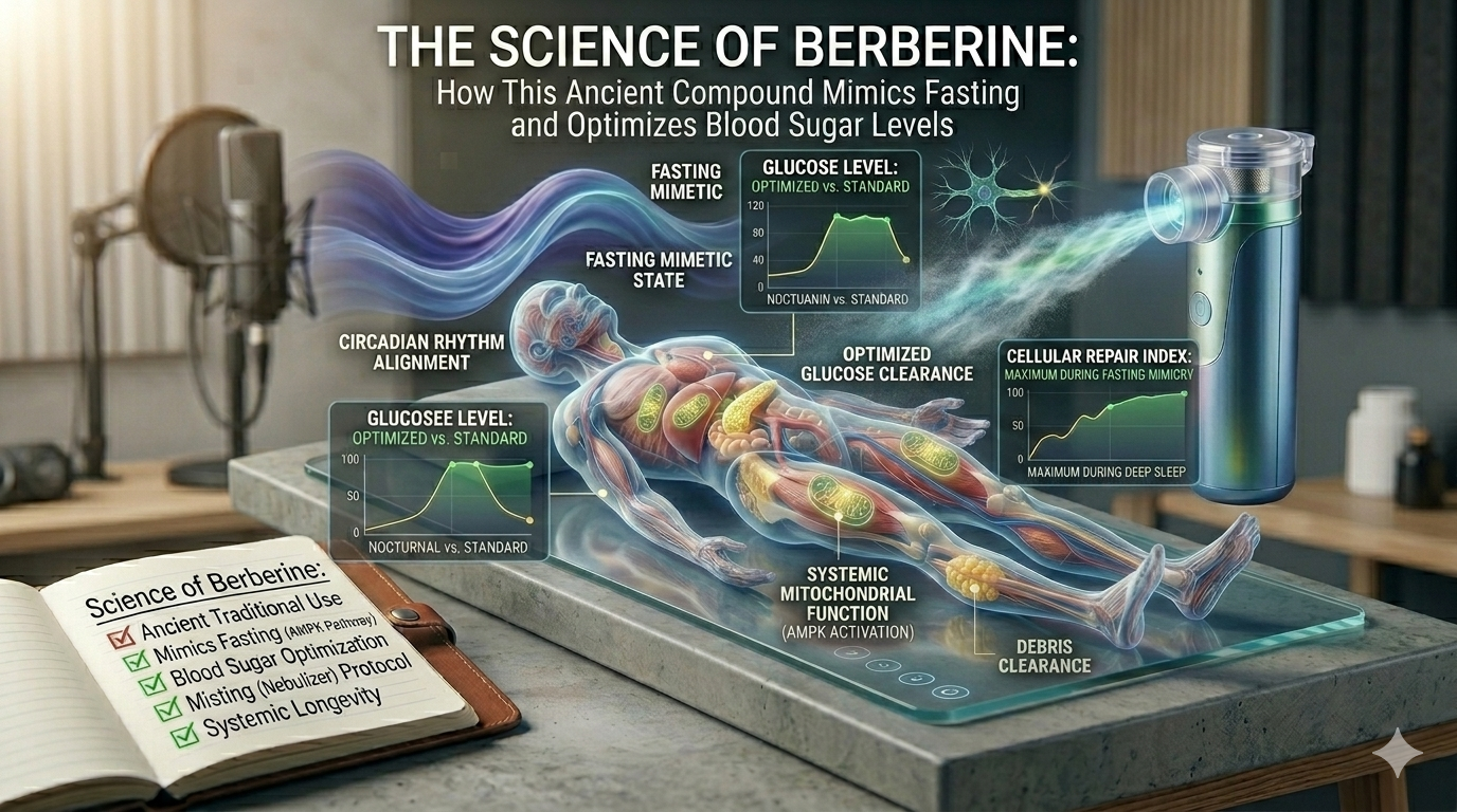 berberine for blood sugar. An anatomical diagram of a full human body model resting on a concrete desk, showing the liver and pancreatic systems receiving systemic optimization. Infographic overlays demonstrate glucose levels reaching a stable state due to Berberine AMPK activation, alongside illustrations of mitochondria glowing with green and gold energy. A notebook on the left and the silver-blue nebulizer from image_8.png on the right maintain consistency on a Magniv Health blog post.
