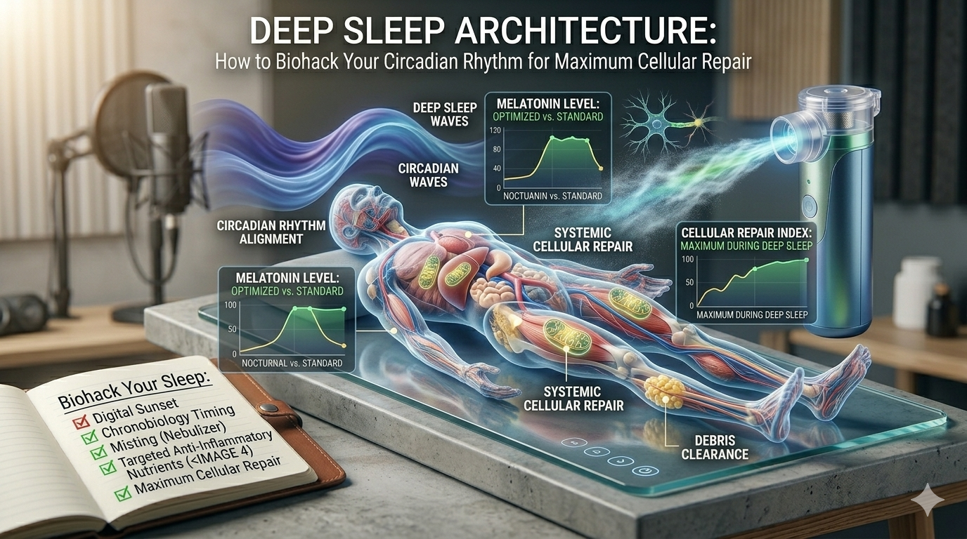 biohack your circadian rhythm. An anatomical diagram of a full human body model resting on a concrete desk, receiving a specialized nebulized mist (ultrasonic mesh technology) for circadian rhythm and sleep biohacking. The image shows systemic cellular repair happening across all organs, with glowing mitochondria, charts for 'Melatonin Levels' and 'Cellular Repair Index,' and a checklist notebook, on a Magniv Health blog post.