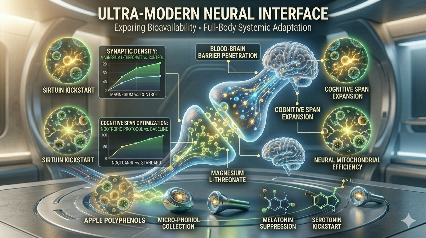 magnesium l threonate cognitive benefits. A detailed scientific infographic illustrating the process of Magnesium L-Threonate penetrating the blood-brain barrier to optimize cognitive span. The image features a complex stylized human synapse diagram on a futuristic neural interface observation deck. Glowing gold-green L-Threonate molecules trace penetration and synaptic density expansion. Integrated digital screens display charts ('Synaptic Density: Magnesium L-Threonate vs. Control,' 'Cognitive Span Optimization: Nootropic Protocol vs. Baseline'). Multiple unique, abstract nutrient diagram clusters and glowing golden-green mitochondria maintain the clean, professional Magniv Health science-themed style with polished blue, green, and gold lights, emphasizing advanced biological adaptation and bioavailability.
