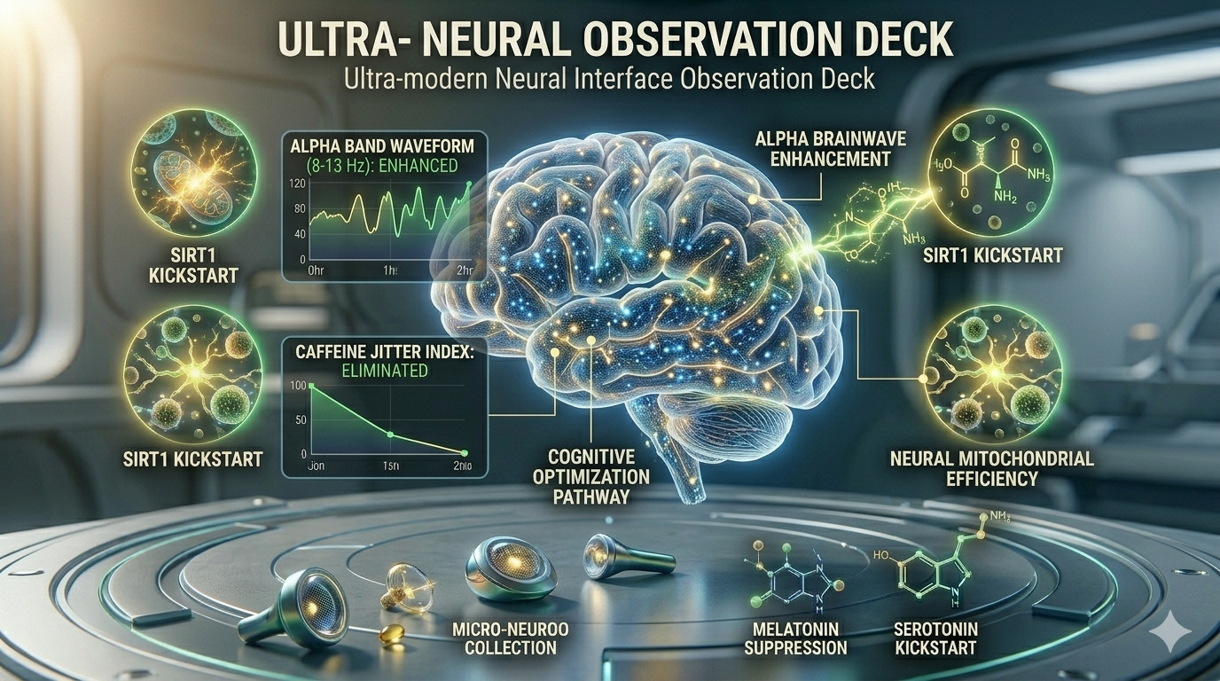 L-Theanine alpha brainwaves. A detailed scientific infographic illustrating how L-Theanine alpha brainwaves constructed cognitive optimization pathways to create calm focus and enhance alpha brainwaves while eliminating caffeine jitters. The image features a complex stylized 3D map of a human brain on a futuristic neural interface observation deck, receiving targeted delivery of glowing gold-green L-Theanine molecular structures. Integrated digital screens display charts ('Alpha Brainwave Enhancement,' 'Caffeine Jitter Elimination'). Multiple unique, abstract nutrient diagram clusters (Sirtuin Kickstart, Neural Mitochondrial Efficiency) glowing with intense golden-green energy maintain the clean, professional Magniv Health science-themed style with polished blue, green, and gold lights, emphasizing advanced biological adaptation and bioavailability.