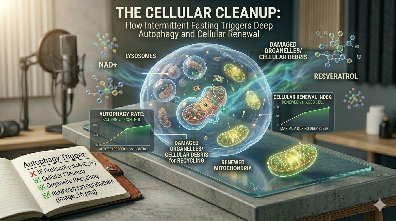 A detailed scientific infographic illustrating the process of deep autophagy and cellular renewal triggered by intermittent fasting. The image features a large, translucent cell structure resting on a polished concrete desk, showcasing lysosomes digesting damaged organelles and cellular debris for recycling, alongside glowing renewed mitochondria. An open notebook in the foreground outlines the 'Autophagy Trigger' protocol. Integrated digital screens display charts ('Autophagy Rate: Fasting vs. Control' and 'Cellular Renewal Index'). The aesthetic maintains the clean, professional, Magniv Health science-themed style with polished blue, green, and gold lights, featuring labeled molecules for NAD+ and Resveratrol.