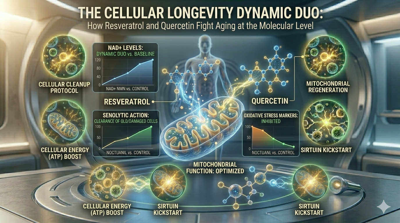A detailed scientific infographic illustrating the synergistic process of Resveratrol and Quercetin compounds fighting aging at the molecular level. The image features complex molecular structures and a healthy mitochondria within a futuristic cellular analysis chamber. Integrated digital screens display charts ('NAD+ Levels,' 'Oxidative Stress Markers,' 'Autophagy Intensity') showing enhanced longevity markers. Scattered abstract nutrient diagram clusters (Sirtuin Kickstart, Autophagy Booster) glowing with intense golden-green energy maintain the clean, professional Magniv Health science-themed style with polished blue, green, and gold lights, emphasizing advanced biological adaptation and bioavailability.