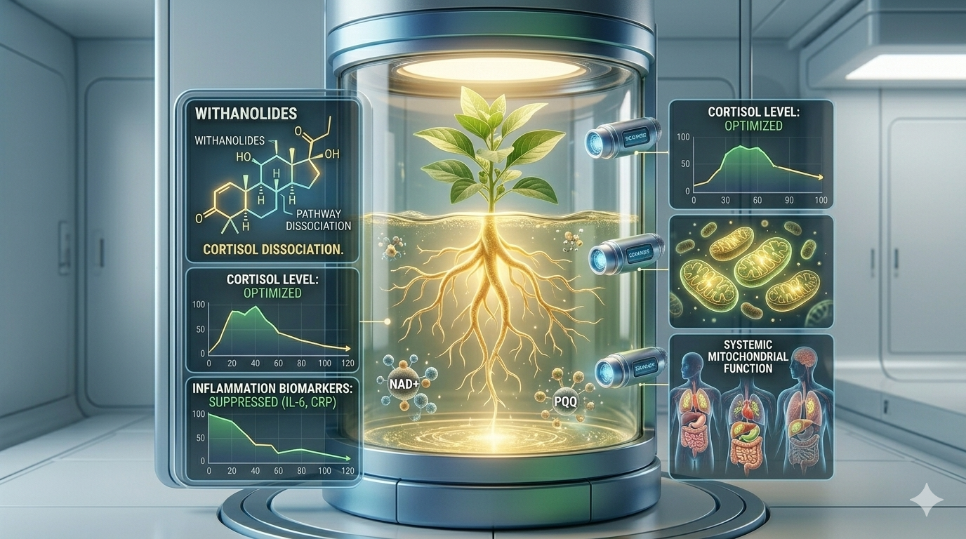 ashwagandha regulates stress. A futuristic and detailed infographic illustrating the scientific process of Ashwagandha (Withania somnifera) root compounds regulating cortisol and shielding against inflammation. The image features a stylized Ashwagandha root glowing within a modular bioreactor chamber, with integrated digital screens displaying data and graphs: 'CORTISOL DISSOCIATION,' 'CORTISOL LEVEL: OPTIMIZED,' and 'INFLAMMATION BIOMARKERS: SUPPRESSED (IL-6, CRP).' Scattered abstract nutrient clusters and glowing mitochondria symbolize systemic mitochondrial function across human organ diagrams. The entire scene maintains a clean, professional, Magniv Health science-themed style with polished blue, green, and gold lights, emphasizing advanced bio-agriculture for health.