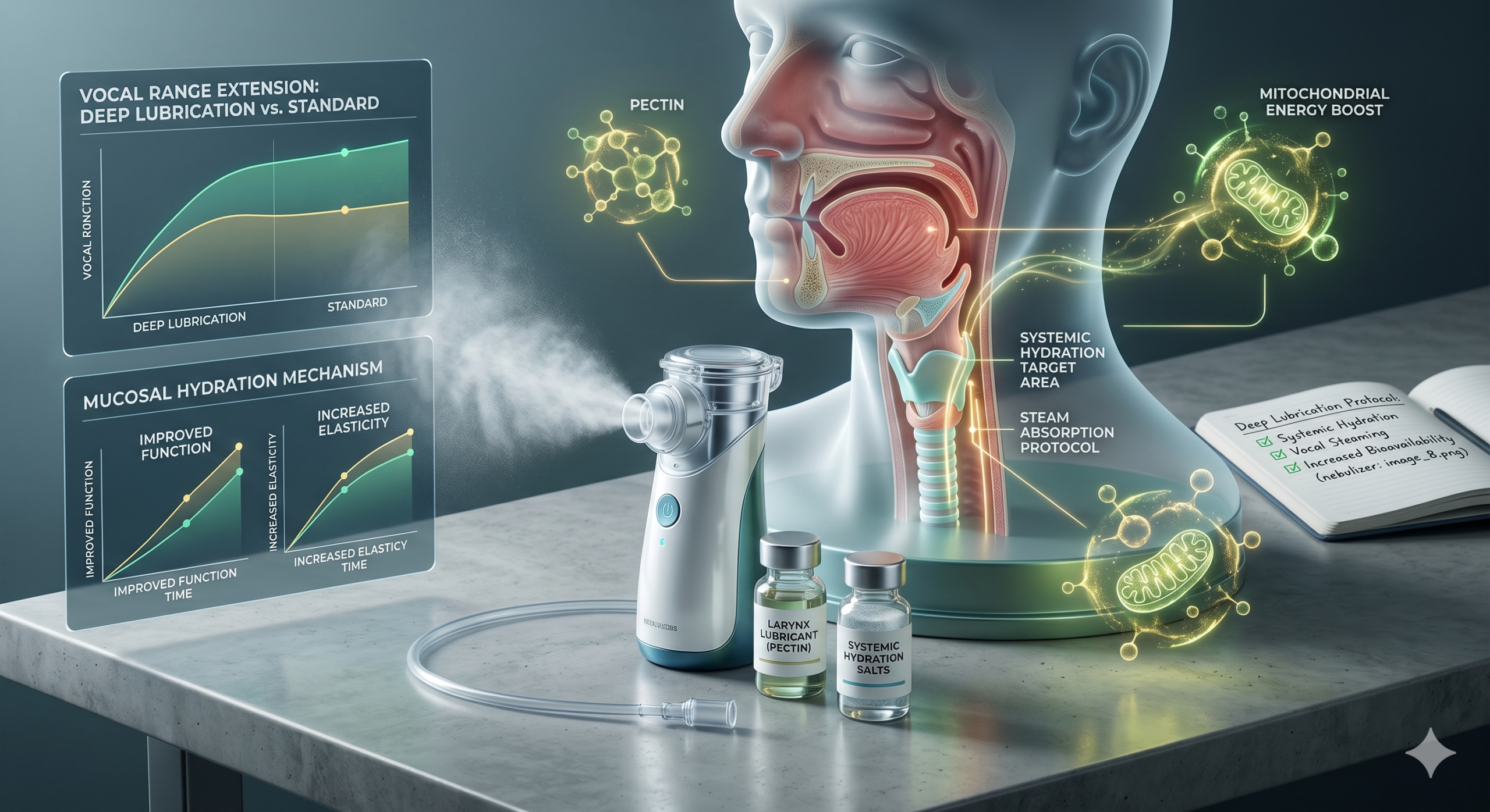 A detailed scientific infographic illustrating the deep lubrication protocol for vocal range extension. The image features a translucent anatomical model of a human head and throat in profile on a concrete desk, showing the systemic hydration target area and steam absorption protocol. A silver-blue electronic mesh nebulizer delivers a targeted mist treatment alongside vials labeled 'Larynx Lubricant (Pectin)' and 'Systemic Hydration Salts.' Integrated digital screens display charts ('Vocal Range Extension: Deep Lubrication vs. Standard' and 'Mucosal Hydration Mechanism'). The aesthetic maintains a clean, professional, Magniv Health science-themed style with polished blue, green, and glowing golden-green mitochondria.