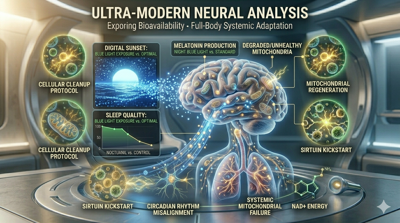 A detailed scientific infographic illustrating the impact of night-time blue light exposure on mitochondrial regeneration and sleep quality. The image features a translucent human brain in repose within a futuristic neural analysis chamber, receiving a cascade of blue light particles from a 'Digital Sunset' display. Integrated digital screens display charts ('Melatonin Production,' 'Sleep Quality,' 'Mitochondrial Regeneration Cycle') showing marked degradation compared to ideal levels. Scattered abstract nutrient diagram clusters (Sirtuin Kickstart, NAD+ Energy) glowing with intense golden-green energy maintain the clean, professional Magniv Health science-themed style with polished blue, green, and gold lights, emphasizing systemic full-body consequences.