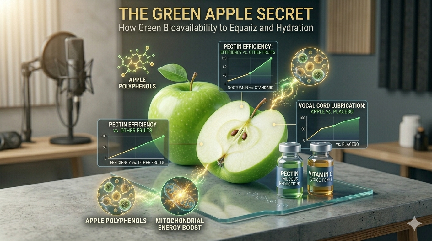 benefits of green apples for vocal performance. A detailed scientific infographic illustrating how compounds from green apple (Pectin, Malic Acid) provide deep lubrication and mucous reduction for the vocal cords. The image features a translucent, highly detailed upper respiratory anatomical model in profile on a concrete desk, receiving a targeted nutrient mist from a cut green apple. Integrated digital screens display charts ('Deep Vocal Hydration Index,' 'Mucous Reduction vs. Time'). Scattered abstract nutrient clusters glowing with golden-green energy and glowing mitochondria maintain the clean, professional Magniv Health science-themed style with polished blue, green, and gold lights, emphasizing advanced vocal repair and bioavailability.