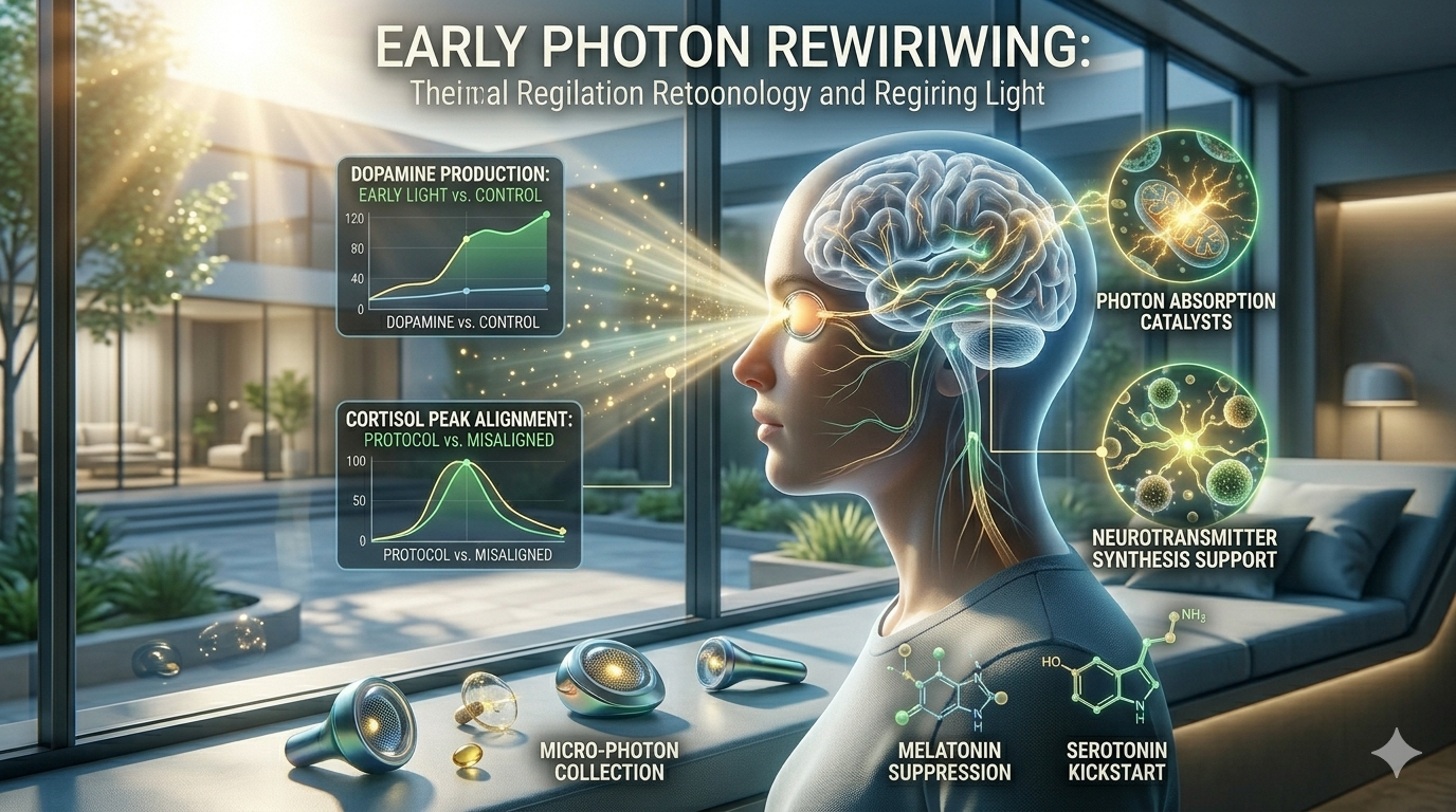 morning sunlight protocol. A detailed infographic illustrating the scientific process of early morning photon exposure rewiring dopamine and cortisol levels in a human translucent profile model. The image features glowing beams of golden photon light making direct contact with the retina at a futuristically styled window seat, with integrated charts showing 'Dopamine Production: Early Light vs. Control' and 'Cortisol Peak Alignment: Protocol vs. Misaligned.' Multiple unique abstract nutrient clusters (Photon Absorption Catalysts, Neurotransmitter Synthesis Support) glowing with golden-green energy maintain the clean, professional Magniv Health science-themed style with polished blue, green, and gold lights, emphasizing advanced neuroregulation.