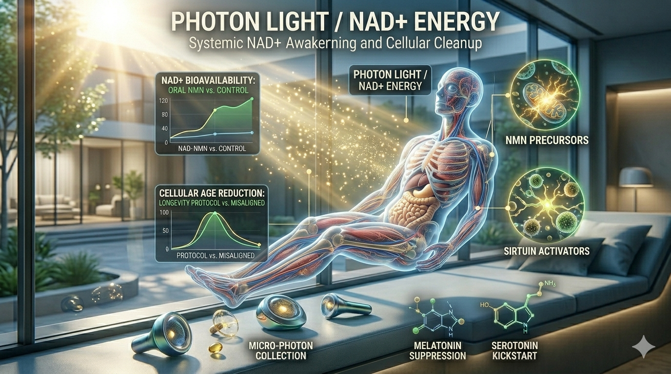 nmn supplementation longevity. A futuristic infographic illustrating the systemic NAD+ awakening through NMN supplementation. The image features a translucent, detailed anatomical full-body human model in repose near a sunlit window, capturing filtered golden NAD+ energy particles. Integrated digital screen overlays display clean graphs: 'NAD+ BIOAVAILABILITY: ORAL NMN vs. CONTROL' showing a marked increase, and 'CELLULAR AGE REDUCTION: LONGEVITY PROTOCOL vs. MISALIGNED' showing optimized reversal. Scattered abstract nutrient clusters (NMN Precursors, Sirtuin Activators) glowing with golden-green energy maintain the clean, professional Magniv Health science-themed style with polished blue, green, and gold lights, emphasizing advanced cellular longevity.