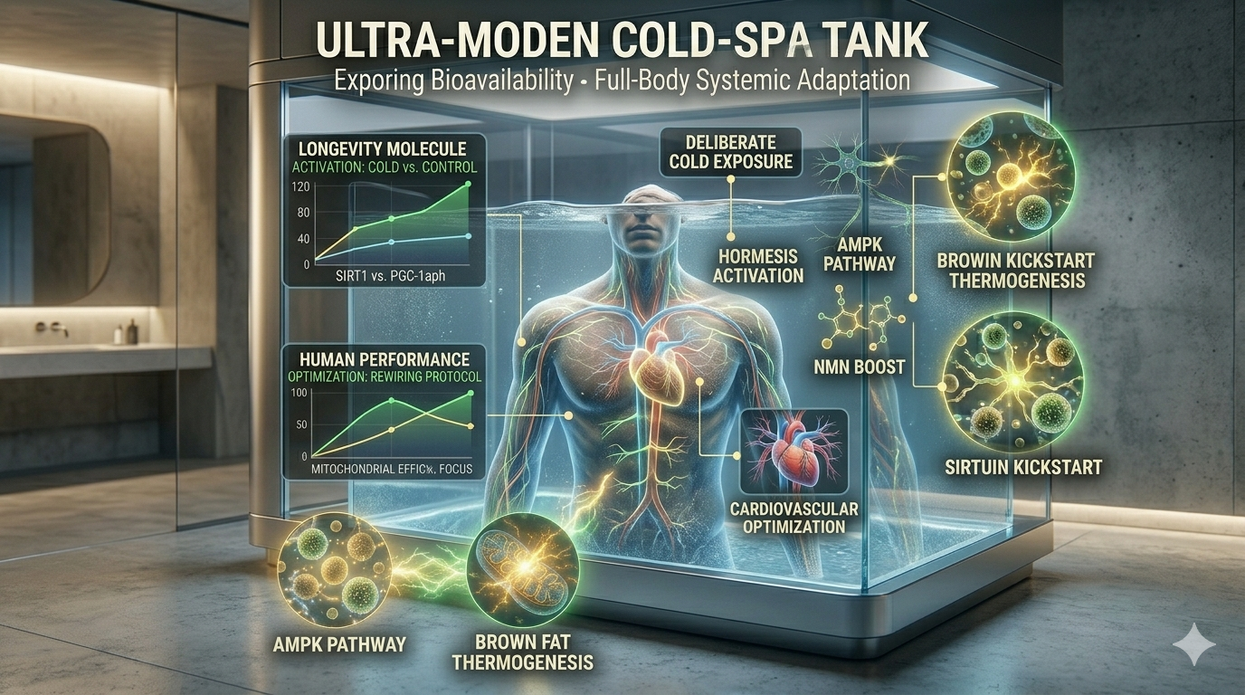 cold exposure longevity benefits. A detailed infographic illustrating the scientific process of deliberate cold exposure activating longevity molecules and human performance rewiring. The image features a person submerged in a futuristic, glass and aluminum cold plunge tank within a high-tech bio-spa environment. Abstract glowing anatomical pathways trace thermogenesis and cardiovascular optimization. Integrated digital screens display charts ('Longevity Molecule Activation,' 'Human Performance Optimization'). Multiple unique, abstract nutrient diagram clusters and glowing golden-green mitochondria maintain the clean, professional Magniv Health science-themed style with polished blue, green, and gold lights, emphasizing advanced biological adaptation.