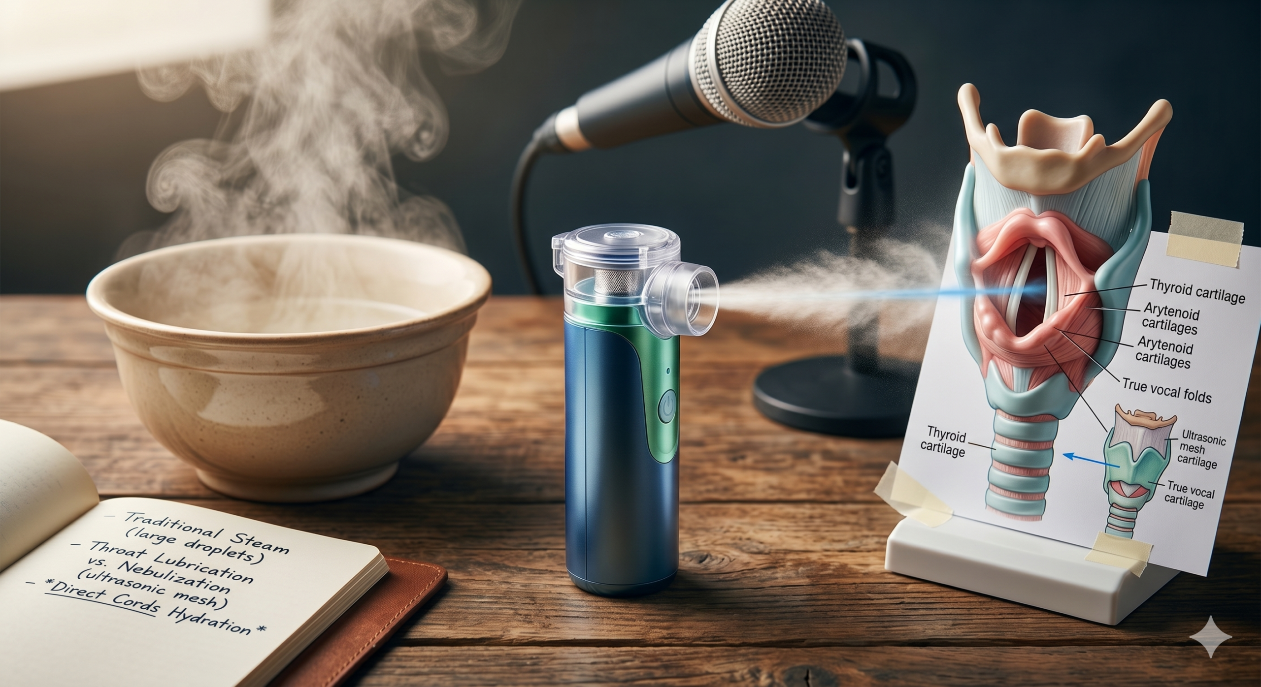 vocal hydration for singers. A professional ultrasonic mesh nebulizer delivering cool micro-particle aerosol mist for vocal cord recovery and hydration.