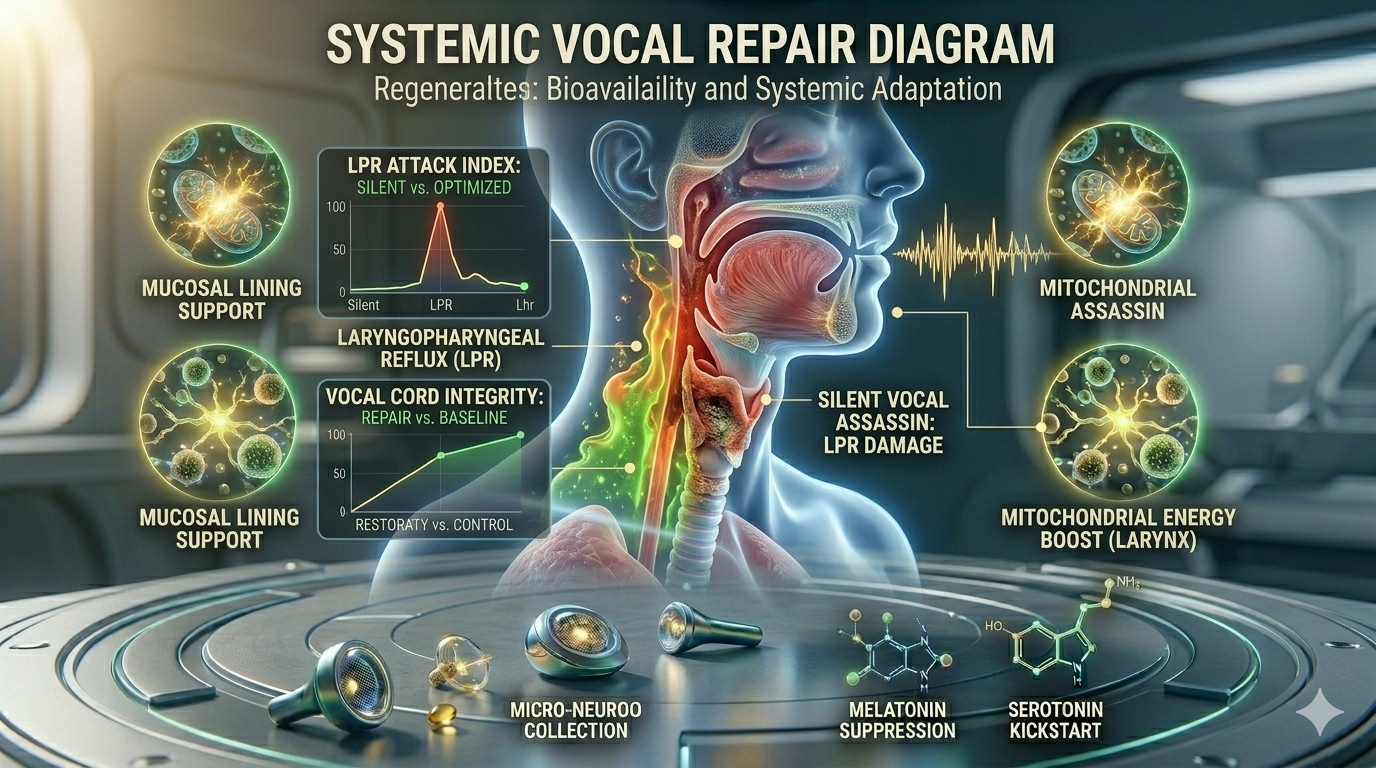 A detailed scientific infographic illustrating how compounds from green apple provide deep vocal hydration and mucosal lining support to neutralize LPR damage. The image features a translucent upper respiratory anatomical model in profile on a futuristic concrete and glass desk, showing the silent vocal assassin damage area. Two unique abstract nutrient diagram clusters (Mucosal Lining Support, Mitochondrial Energy Boost) glow with intense golden-green energy and surround the model. Integrated digital screens display charts ('LPR Attack Index,' 'Vocal Cord Integrity') and diagrams. The entire scene maintains the clean, professional Magniv Health science-themed style with polished blue, green, and gold lights, emphasizing advanced biological adaptation and bioavailability.