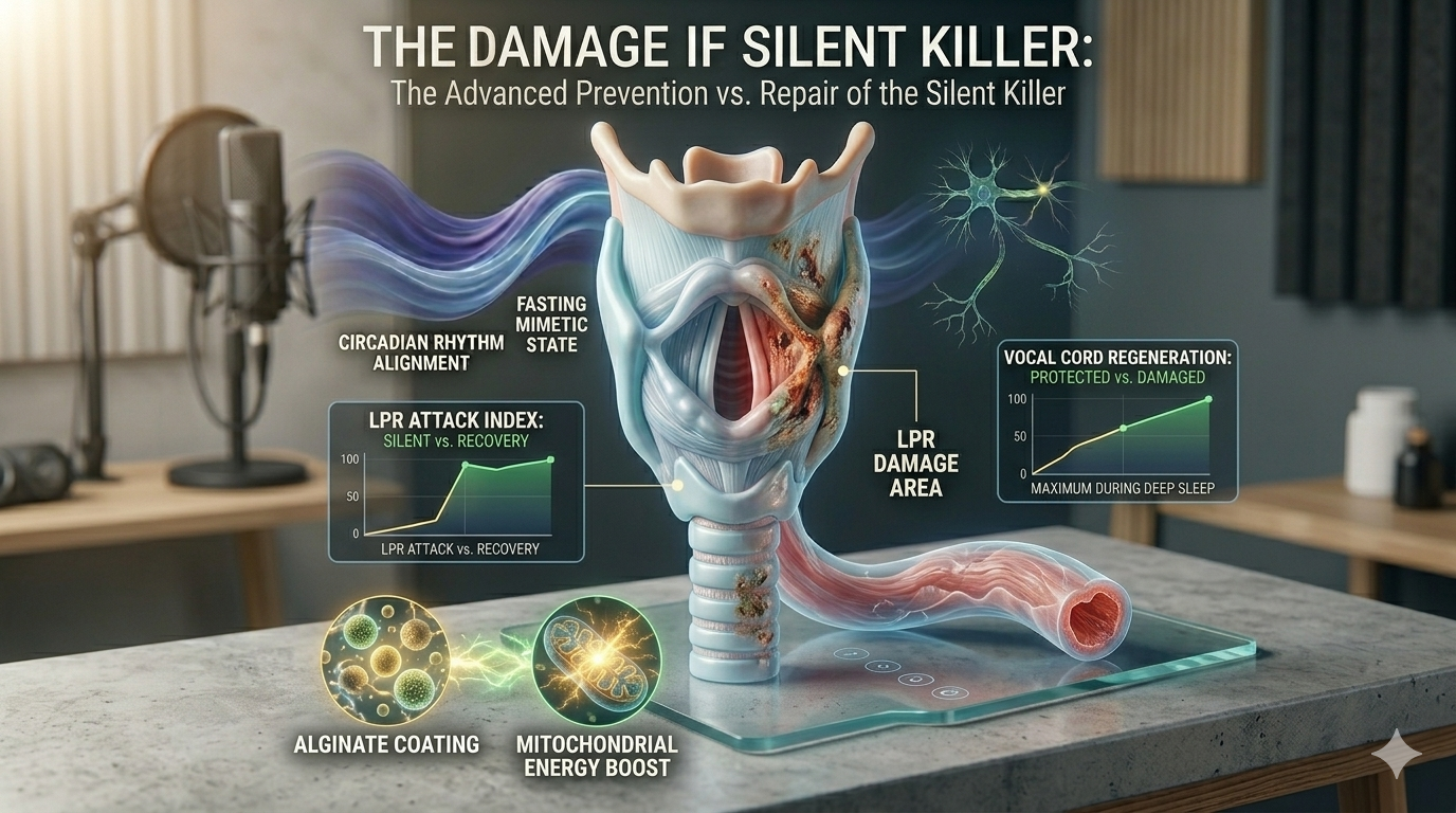silent reflux ruined my voice. A detailed infographic illustrating the scientific process of silent reflux (LPR) causing inflammation in the human larynx (vocal cords), with targeted nutrient diagrams (Alginate Coating, Mitochondrial Energy Boost) neutralizing the attack. The image features a translucent full-body human model in repose on a polished concrete desk with integrated charts ('LPR Attack Index,' 'Vocal Cord Regeneration'), and abstract blue and purple energy waves from image_26.png indicating a circadian alignment. Scattered abstract nutrient clusters (NAD+, PQQ) and glowing mitochondria maintain the clean, professional Magniv Health science-themed style with polished blue, green, and gold lights, emphasizing advanced vocal repair and prevention