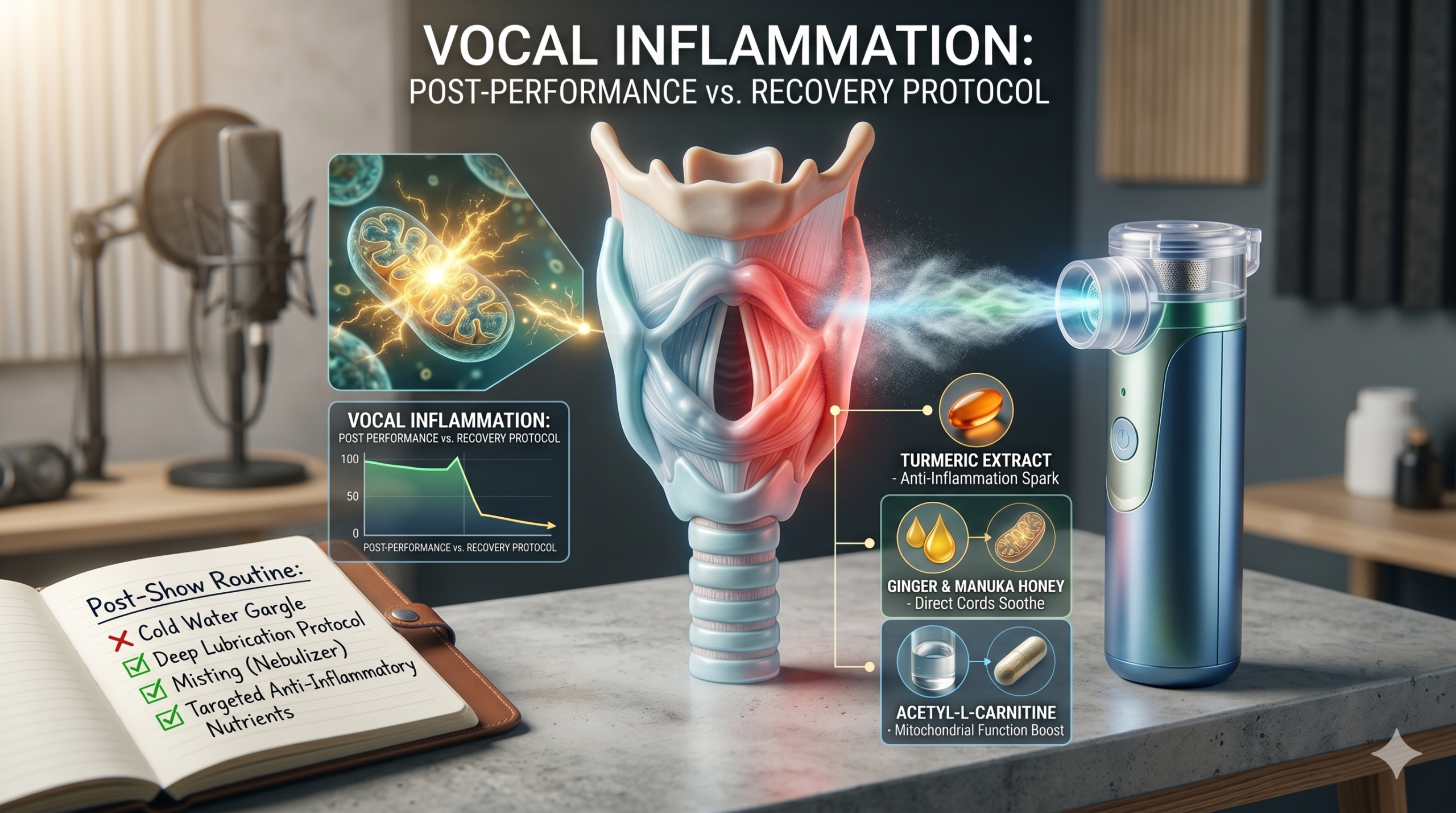 vocal recovery for singers. Animated diagram of a human larynx model receiving a nebulized mist treatment for post-performance vocal recovery and inflammation reduction, featuring anti-inflammatory nutrients and a progress graph on a Magniv Health blog post