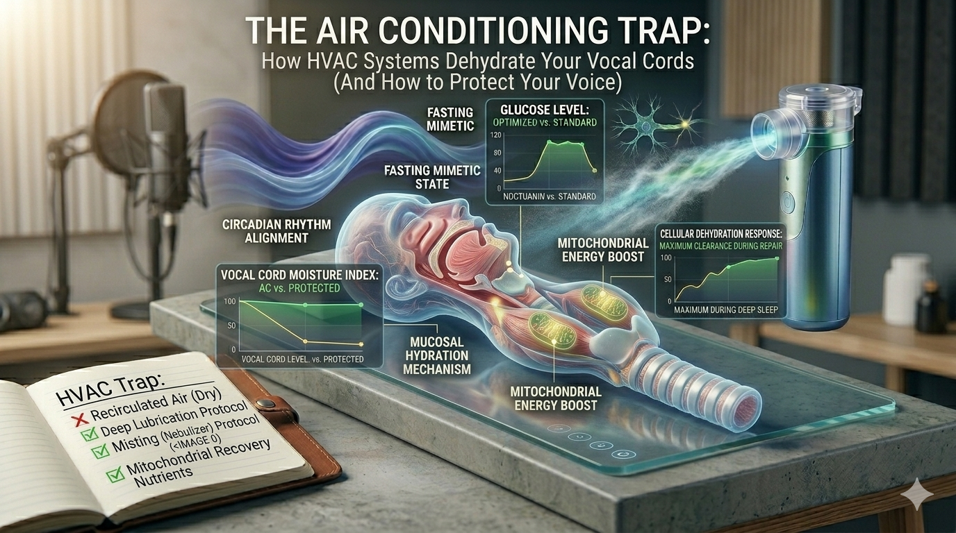 hvac vocal cords. An anatomical diagram of the human upper respiratory system, specifically the larynx (vocal cords) in a translucent model, resting on a concrete and wood desk. The image shows the moisture index of the cords sharply declining due to HVAC recirculated air, but stabilizing with deep lubrication and mitochondrial repair protocols. The silver-blue ultrasonic mesh nebulizer from image_8.png is positioned to provide a targeted mist treatment. Infographic overlays and a checklist notebook illustrate the biohacking strategy to protect the voice on a Magniv Health blog post.