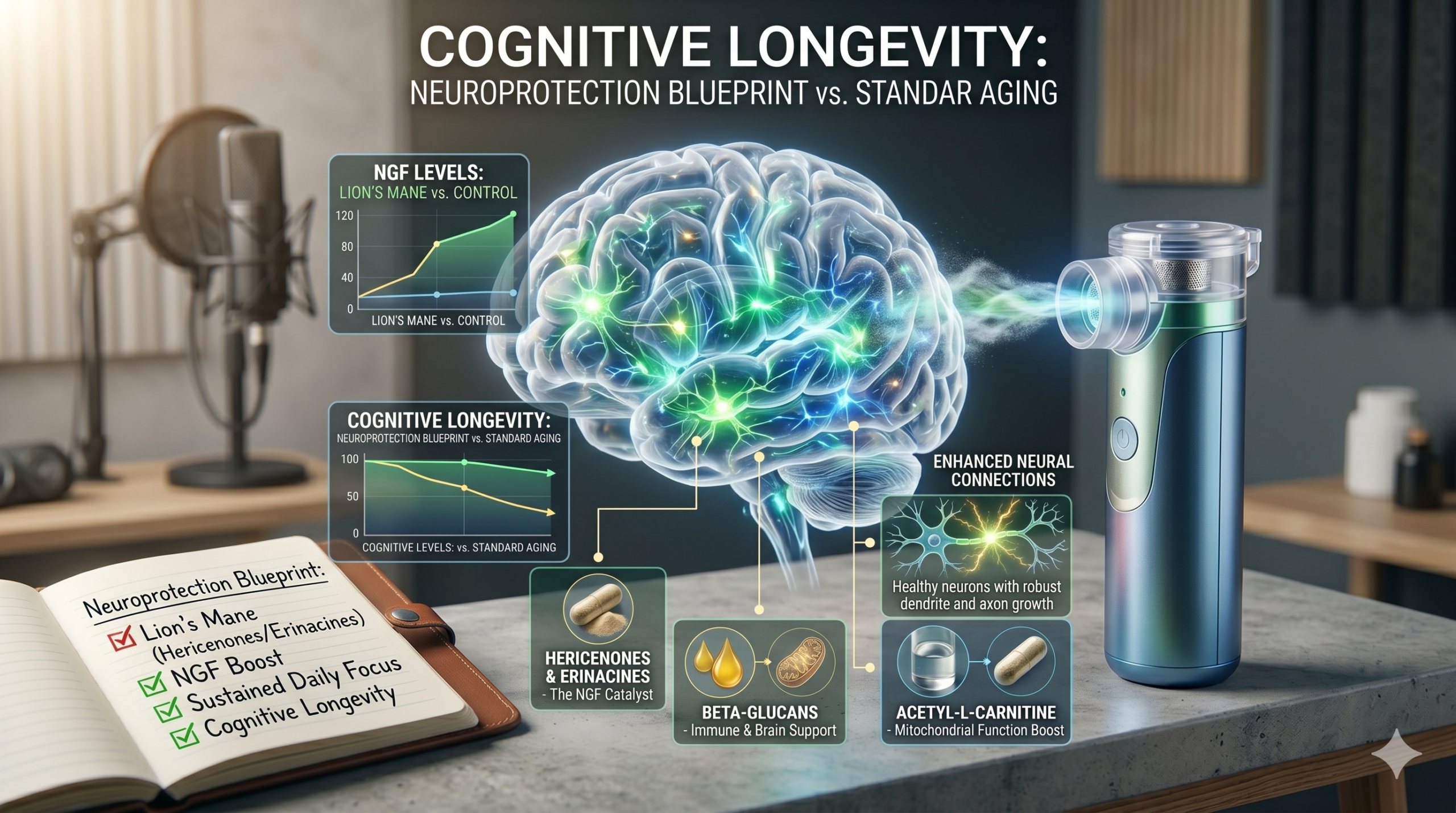 lions mane for brain health. Animated diagram showing Lion's Mane compounds being delivered to boost NGF and cognitive longevity on a Magniv Health blog post, featuring a brain model and progress graphs