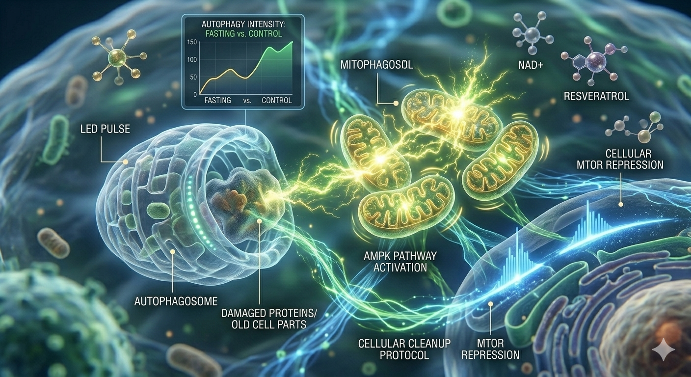 fasting for brainpower. A detailed scientific infographic illustrating the cellular process of autophagy, showing an autophagosome recycling damaged proteins and old cell parts. The image features glowing mitophagosomes, labels for NAD+ and Resveratrol, and a graph comparing 'Autophagy Intensity' in fasting versus control states. The aesthetic maintains a professional, futuristic 'Magniv Health' science-themed style, highlighting the AMPK pathway activation and cellular cleanup protocol.