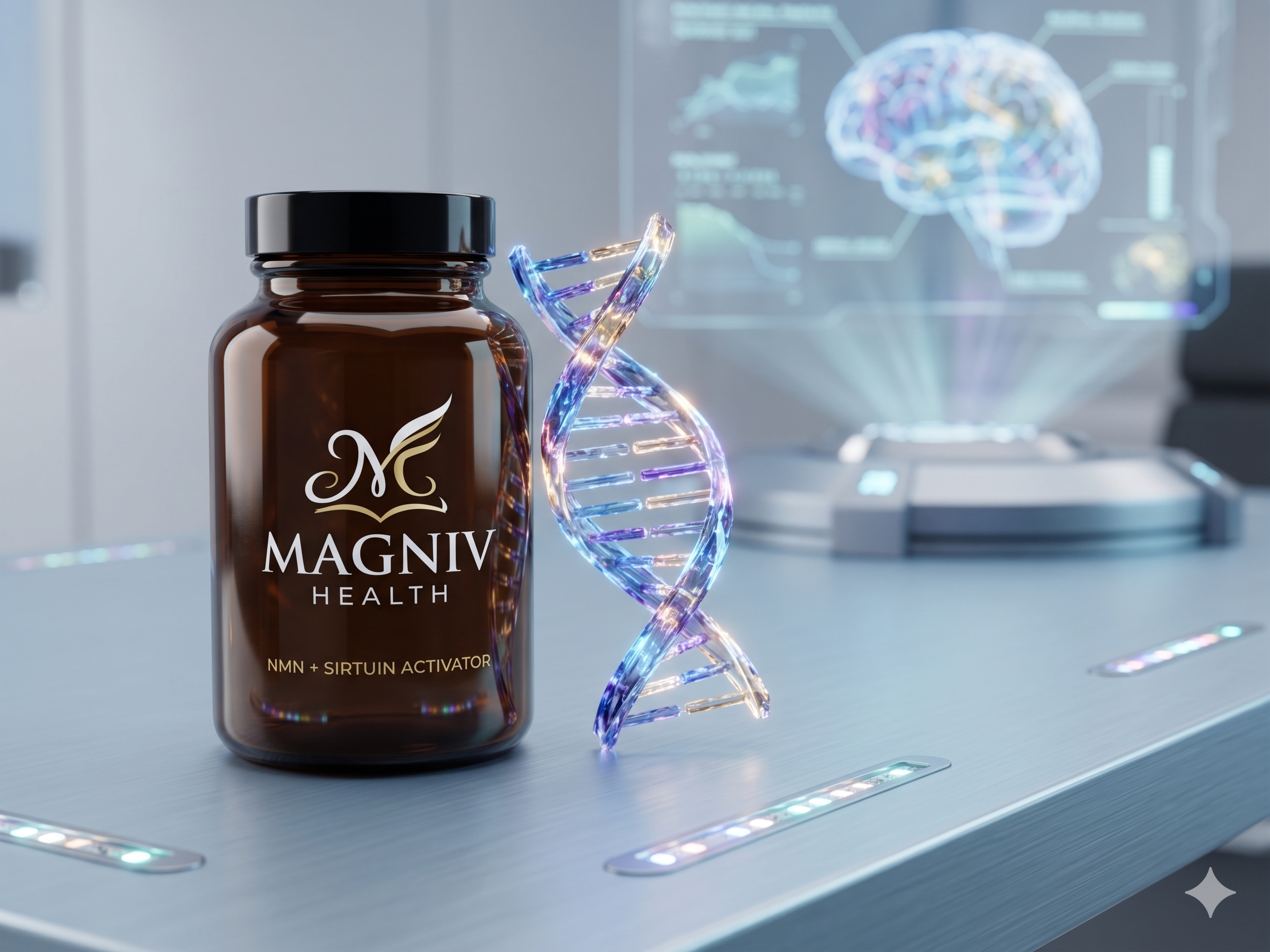 nad+ activation of sirtuins pathways. A sleek premium amber glass supplement bottle sitting next to an abstract glowing DNA double helix model on a modern metallic wellness desk.